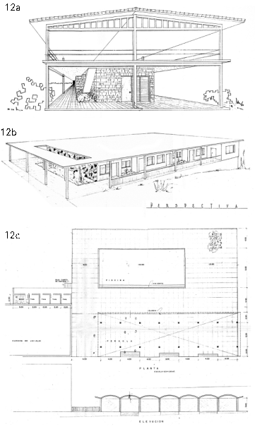 Sanatorio San Juan de Dios. 12a) Perspectiva de una variante de pabellones de 10 habitaciones. 12b) Perspectiva de otra variante de pabellones. 12c) Planta y elevación de la piscina y la pérgola del solárium. 