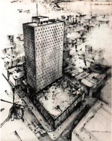 Perspectiva de Terminal de Helicópteros S.A. Solo se edificó el basamento de tres pisos. La torre no se construyó. 