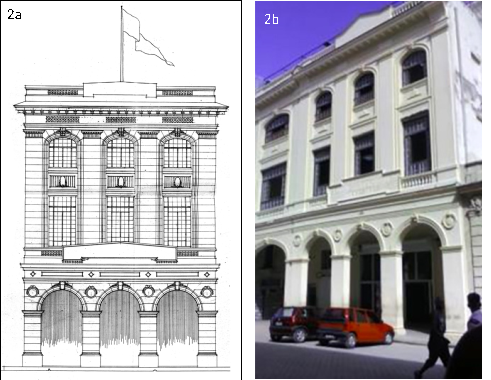 Edificio Seoane y Fernández, calle Compostela No.135, Habana Vieja. 2a) Fachada proyectada. Fuente: ANC [5]. 2b) El edifico en la actualidad. 