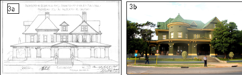 Casa construida para el Sr. Alberto de Armas, conocida como Casa de las tejas verdes. 3a) Fachada proyectada. Fuente: ANC [7]. 3b) La casa en el presente. 