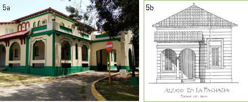 Ejemplos de obras de Echarte que ilustran su versatilidad y dominio del trabajo con diferentes materiales y técnicas constructivas 5a) Restaurante Cacolota. Fuente: Autores. 5b) Fachada proyectada para chalet del señor Pedro Carrillo López. 