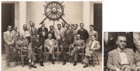 Jorge Luis Echarte, sentado al centro, (y detalle ampliado) en visita a la Escuela Naval del Mariel, el 19 de enero de 1936. 