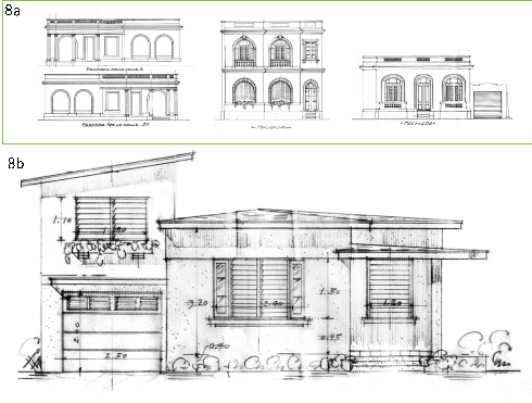 Transición en el lenguaje arquitectónico en las obras de Echarte. 8a) Conjunto de viviendas para Julio A. de Arcos Romero, en 3ra, esquina a A, Vedado, proyectado en 1939. Fuente: ANC [25][26][27]. 8b) Fachada proyectada en 1949 para vivienda de María J. Romero Ochotorena en el Club residencial Miramar