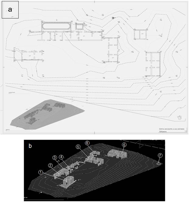 a) Plano en planta del sitio con la ubicaci�n de las estructuras identificadas, b) Detalle ampliado en isom�trico con la numeraci�n de los edificios. Cartograf�a: OHL y JMG.
