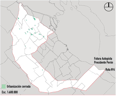 Mapa del uso urbanizaciones cerradas del borde metropolitano de Buenos Aires en 1972.
