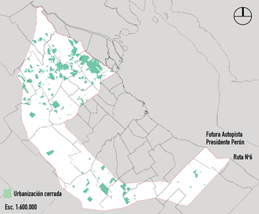 Mapa del uso urbanizaciones cerradas del borde metropolitano de Buenos Aires en 2012.