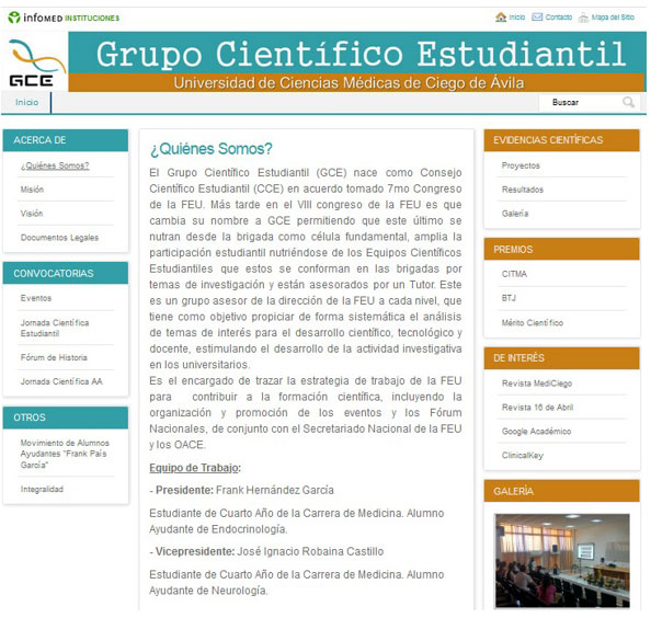 Página secundaria que ofrece información sobre el grupo científico estudiantil y los hipervínculos de interés de los usuarios.