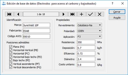 Diálogo de edición de la base de datos de electros para aceros al carbono y bajoaleados