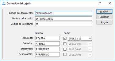 Diálogo para la entrada de datos del cajetín