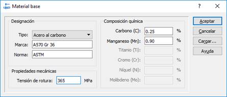 Diálogo para la entrada de datos del material base