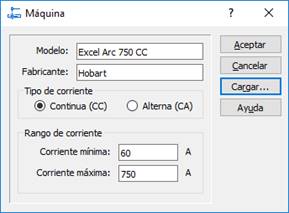 Diálogo para la entrada de datos de la máquina de soldadura