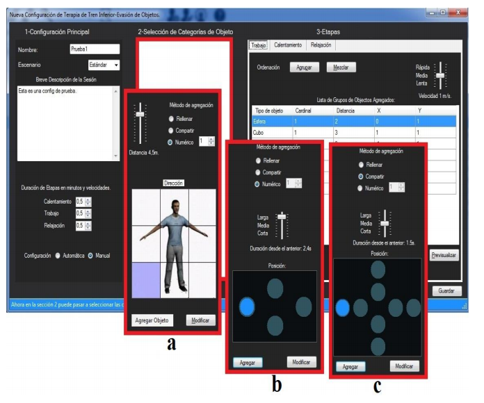 Configuration of specialized interfaces for the kinematic parameters of the movement induction events. a: Objects Evasion Movement; b: Table Movement; c: Frontal Panel Movement