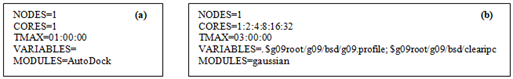 Ficheros de configuración de trabajos: a) Secuencial programa AutoDock b) Experimento programa gaussian.