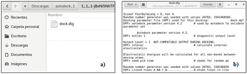 Resultado de trabajo secuencial correspondiente al programa AutoDock a) Carpeta con resultado b) Fragmento de fichero de salida dock.dlg. 