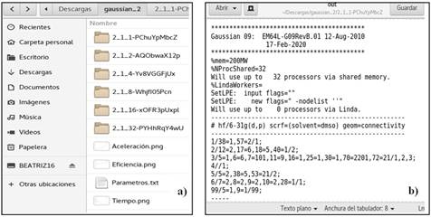 Resultado de trabajo de tipo experimento correspondiente al programa Gaussian a) Carpeta con resultado de cada subtarea y b) Fichero de salida de la tarea correspondiente a un procesador.