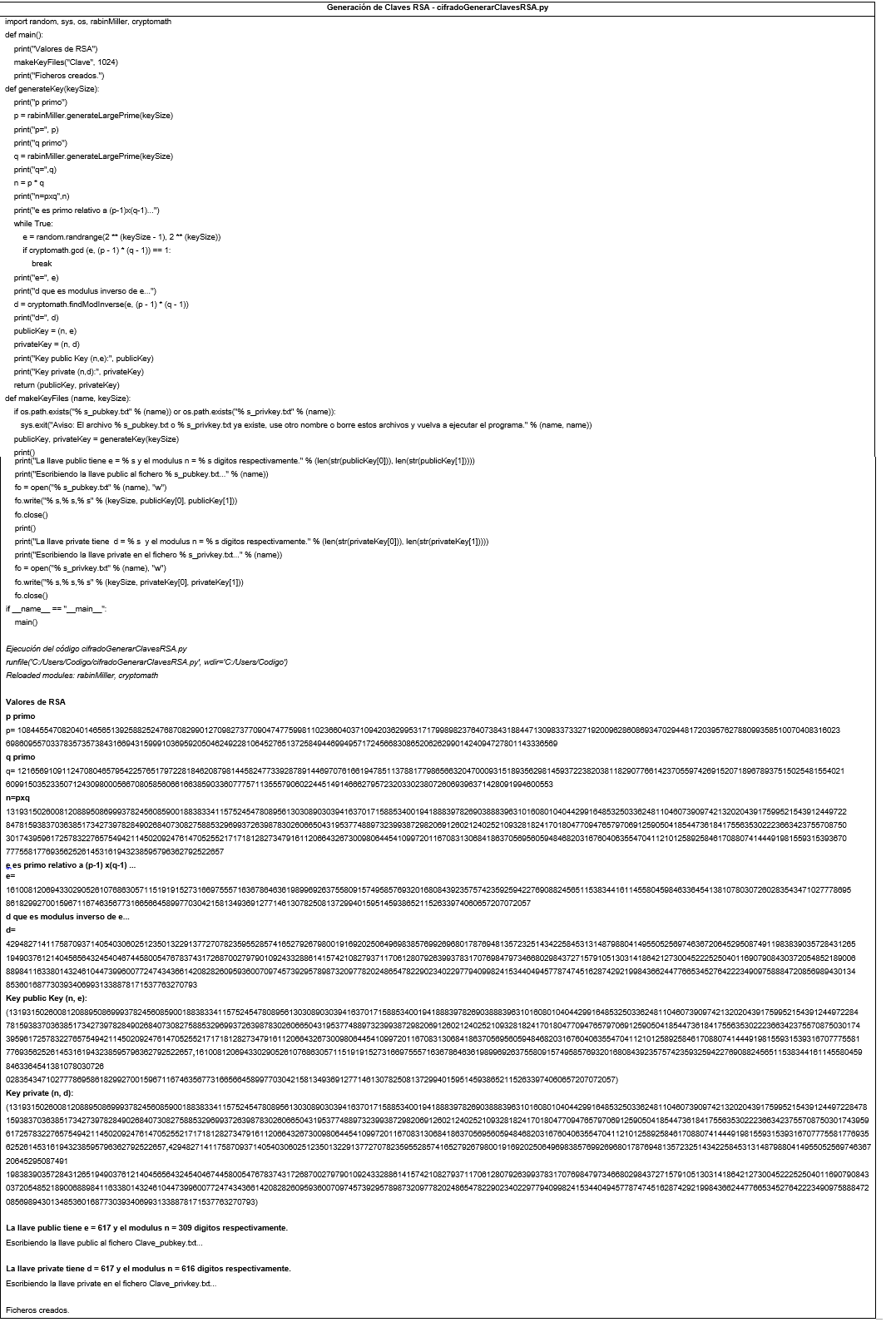 Código para la generación de claves RSA.