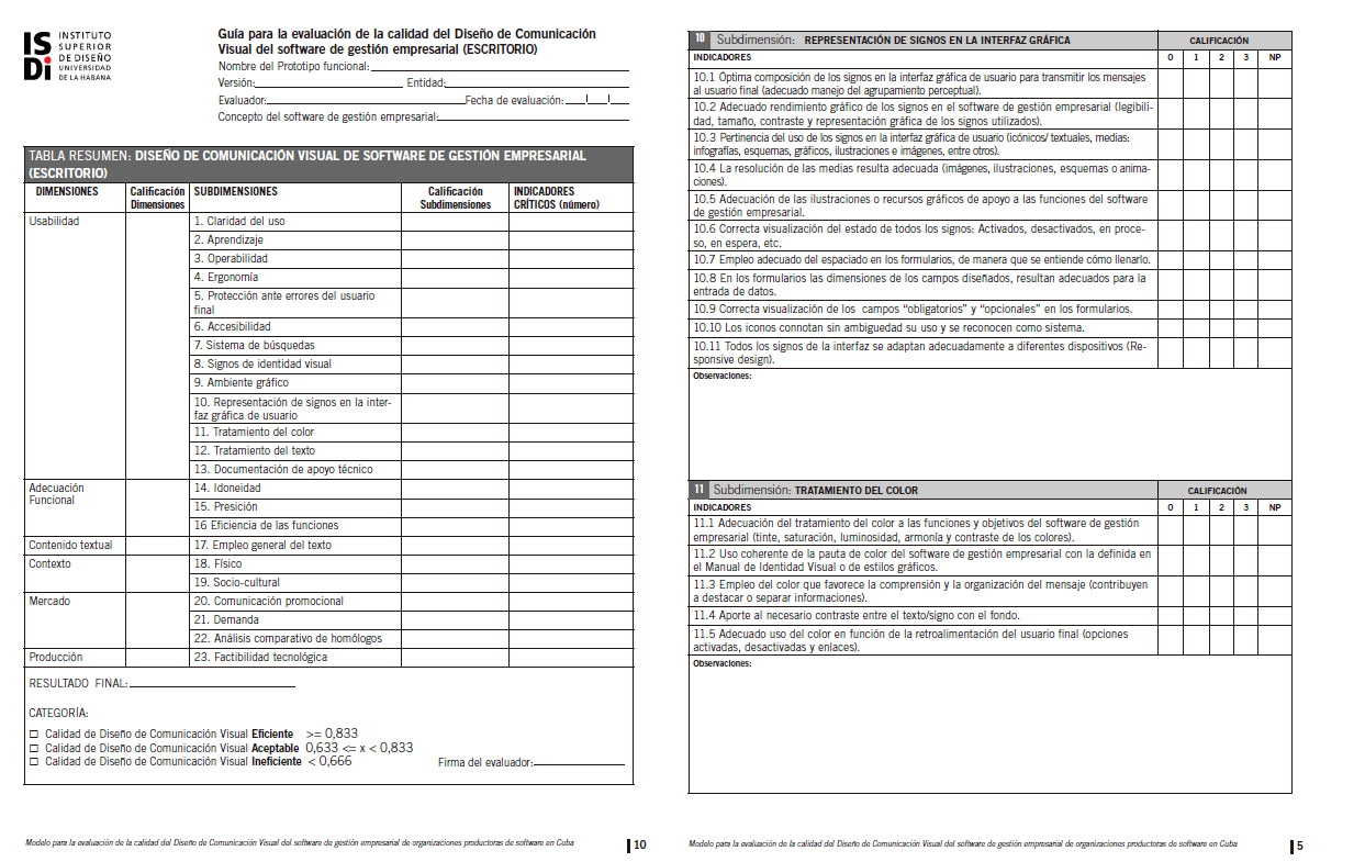 Hojas de las guías de evaluación de la calidad del Diseño del SGE para escritorio y web. A la derecha dictamen final.