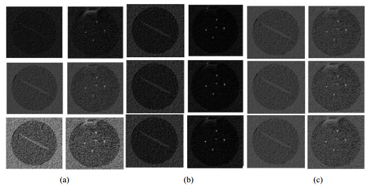 Ejemplos de las regiones de inter&eacute;s estudiadas de arriba a abajo a) im&aacute;genes PBI, PRI, M1 b) im&aacute;genes obtenidas en M2 amplitud 20% frecuencia 2 lpm, amplitud 60% frecuencia 8 lpm, amplitud 100% frecuencia 14 lpm c) im&aacute;genes obtenidas en M3 amplitud 20% frecuencia 2 lpm, amplitud 60% frecuencia 8 lpm, amplitud 100% frecuencia 14 lpm