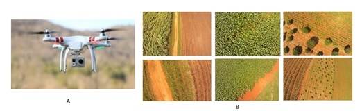 A. UAV Quadcopter Phantom 1, B. Examples of RGB color UAV images