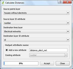 Interface of the functionality for calculate distances to the electrical network and the main roads 
