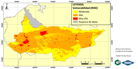 Mapa de vulnerabilidad intr&iacute;nseca a la contaminaci&oacute;n del agua subterr&aacute;nea en la cuenca Almendares-Vento obtenido por el m&eacute;todo RISK.