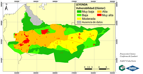 Mapa de vulnerabilidad intr&iacute;nseca a la contaminaci&oacute;n del agua subterr&aacute;nea en la cuenca Almendares-Vento obtenido aplicando el algoritmo K-medias.