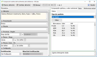 Procedimiento para definir los metadatos y la composición nutritiva de los alimentos.