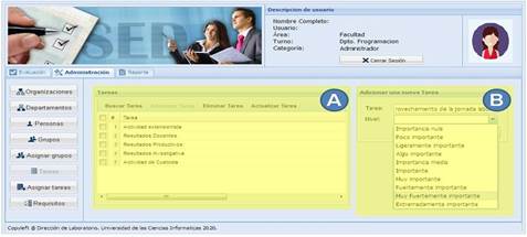 Interfaz del módulo administración, vista Crear tareas.