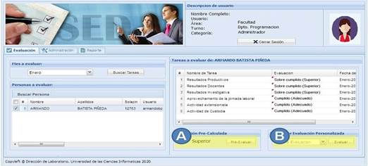 Interfazdel módulo evaluación, vista Inferir evaluaciones y Evaluar persona.