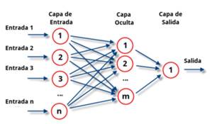 Esquema de red neuronal de tres capas.