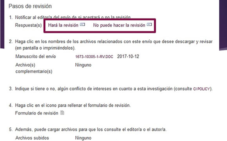 Opciones en las que el revisor da a conocer si puede o no efectuar el arbitraje. Descarga el manuscrito del envío, hace elarbitraje y lo guarda en su PC; finalmente da clic donde dice examinar y carga el artículo revisado