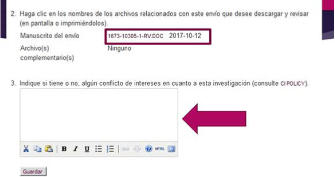 Vínculo de descarga de la versión de revisión y cuadro para referir conflictos de intereses.