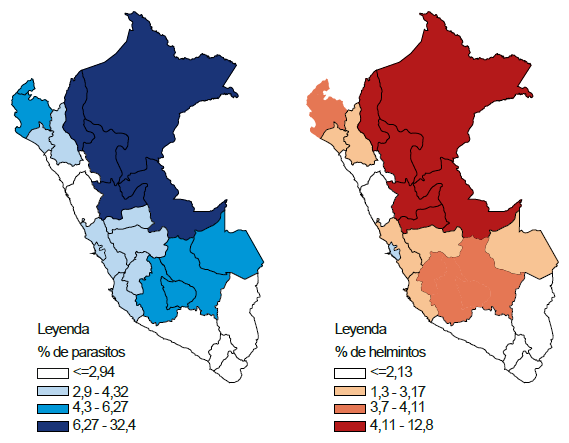 Mapa de porcentaje de parasitosis en general y por helmintos por departamento, Perú, 2017.