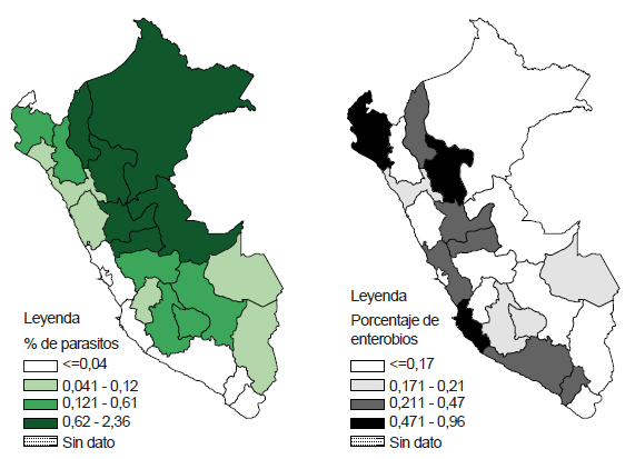 Mapa de porcentaje de parasitosis por áscaris y enterobiasis por departamento, Perú, 2017.