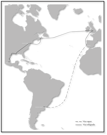 Trayectoria combinada de cables y vapor de la noticia de la Guerra Civil
Mexicana publicada en La Tribuna y The Standard, Buenos Aires, julio de
1867.