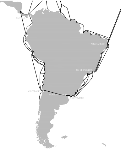Red de cables de Am&eacute;rica
del Sur, y conexi&oacute;n telegr&aacute;fica Trasandina, ca. 1900