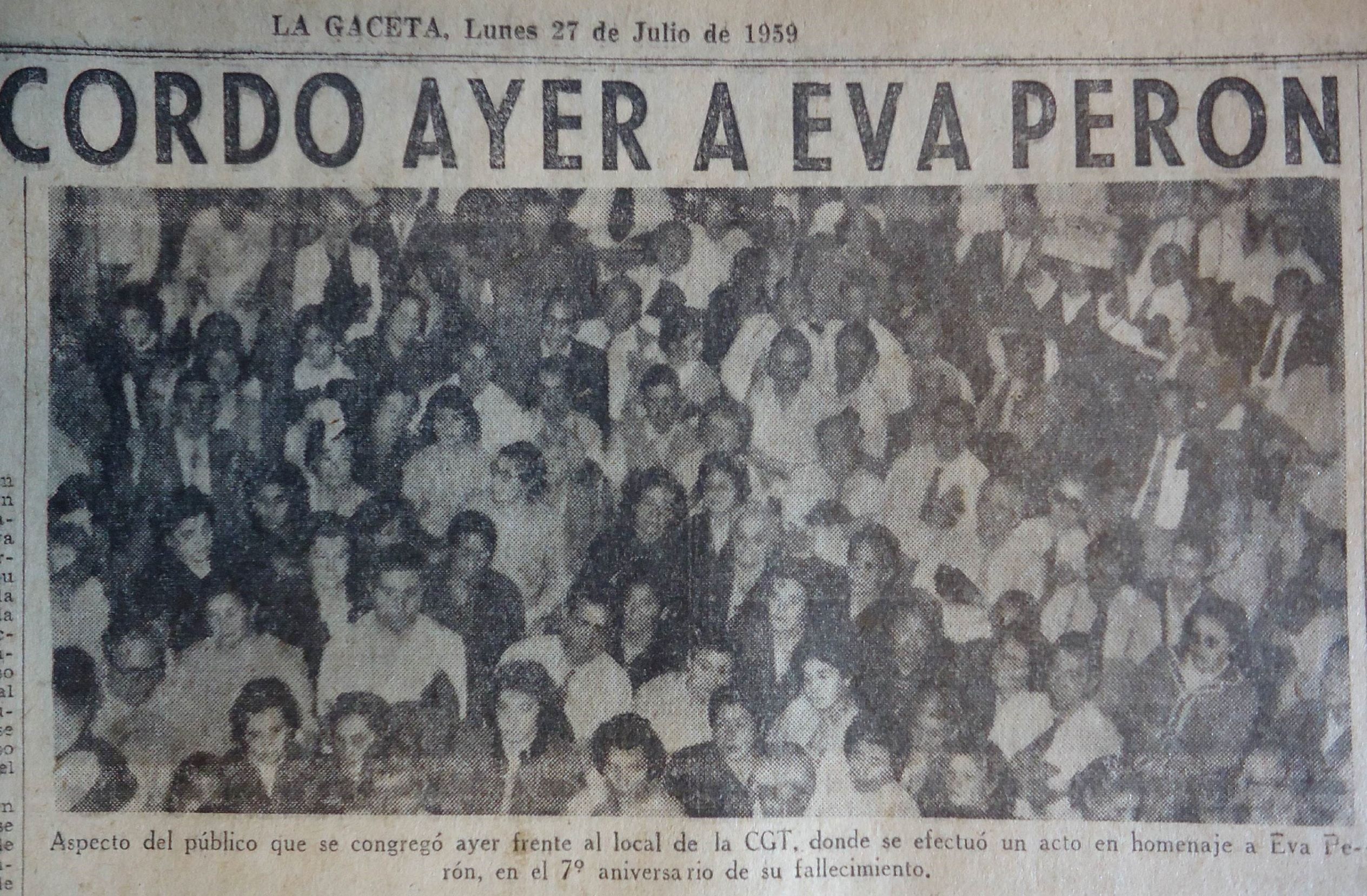 Vista de asistentes a homenaje a Eva Per�n en Tucum�n, 26/7/1959