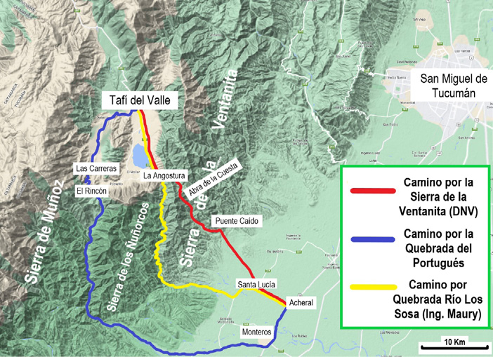 Imagen N� 3. Mapa del tramo Acheral-Taf� del Valle. Caminos estudiados