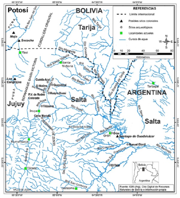 Mapa del sector de los valles orientales del norte de Salta (Argentina) con los sitios mencionados en el texto.