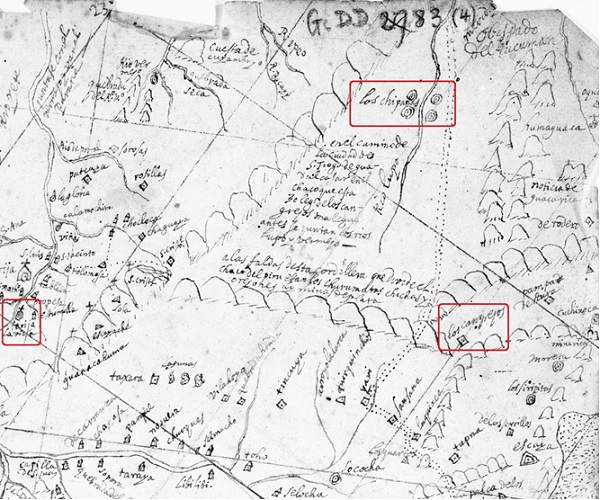 Sector del mapa an&oacute;nimo de la Provincia de Charcas depositado en la Biblioteca Nacional de Par&iacute;s, donde se se&ntilde;ala a Los Chipanas. Se ha marcado tambi&eacute;n la ubicaci&oacute;n de Tarija y Los Cangrejos.