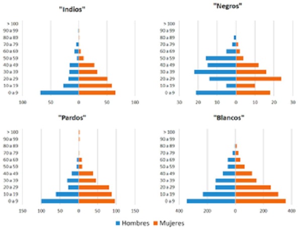Pir&aacute;mides poblacionales por categor&iacute;a socio-&eacute;tnica empleada en el censo de Paran&aacute;, a&ntilde;o 1824.