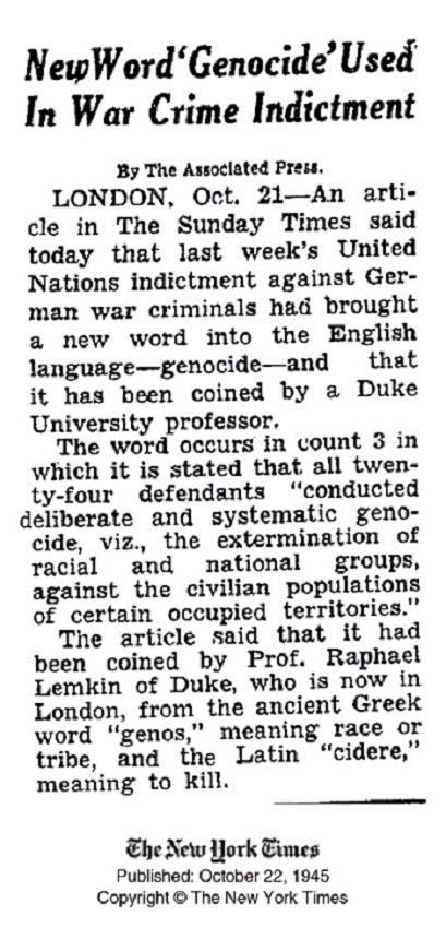 Nueva palabra “genocidio” utilizada en la acusación de crímenes de guerra. The New York Times, 22/10/1945.