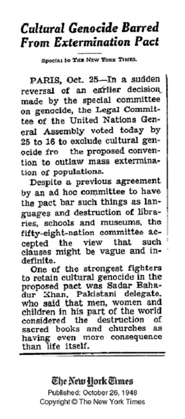 Genocidio cultural excluido del pacto de exterminio. The New York Times, 26/10/1948.