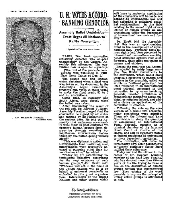 La ONU vota un acuerdo que prohíbe el genocidio. The New York Times, 10/12/1948.