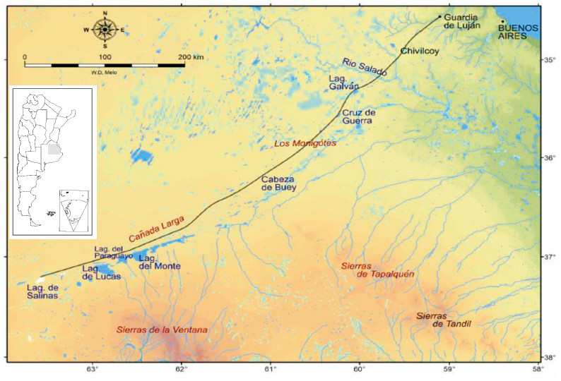 Mapa de la provincia de Buenos Aires señalando el camino hacia Salinas Grandes desde la Guardia de Luján -punto de partida de las expediciones. Elaborado por el Dr. Walter Melo (IADO/ UNS).