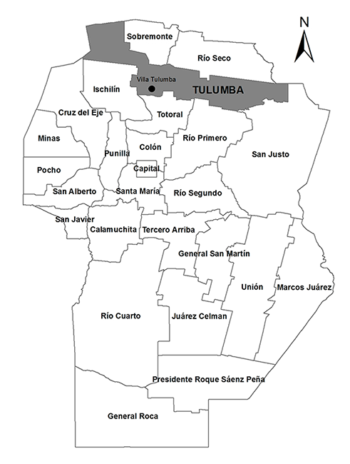 Mapa de la provincia de Córdoba con su división departamental actual