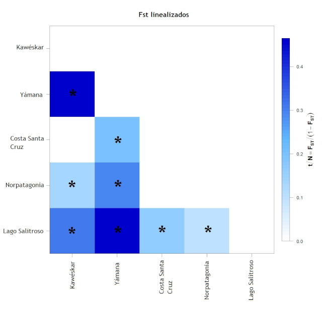 Comparaciones de a pares (FST) entre los grupos poblacionales prehispánicos estudiados, linealizadas por el método de Slatkin. *p<0,05