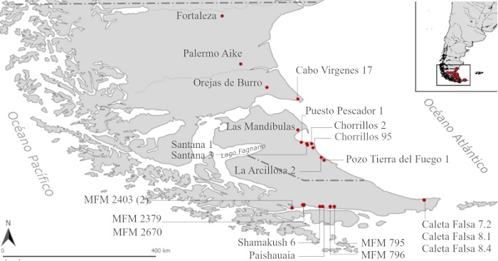 Ubicaci&oacute;n de los sitios arqueol&oacute;gicos en los cuales se recuperaron los restos humanos estudiados en este trabajo. La l&iacute;nea punteada superior indica el l&iacute;mite septentrional de Patagonia austral y la l&iacute;nea inferior el l&iacute;mite entre el norte y sur de Tierra del Fuego.