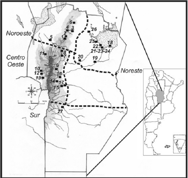 Ubicaci&oacute;n geogr&aacute;fica de los sitios arqueol&oacute;gicos analizados en el presente trabajo. Regi&oacute;n Noroeste: 1. San Esteban, 2. Corral de Piedras (Capilla del Monte), 3. Dean Funes, 4. Ischil&iacute;n, 5. Dorrego y Alem (Villa de Soto), 6. Cerro Colorado. Regi&oacute;n Centro-Oeste: 7. La Granja, 8. El Vado (Santa Catalina), 9. El Golf (Villa Carlos Paz), 10. Piedras Blancas (Nono), 11. Rosca Yaco (San Carlos Minas), 12. Guasmara (Villa de las Rosas), 13. Loma Bola, 14. Loteo 5 (Santa Rosa de Calamuchita), 15. Banda Meridional del Lago, 16. Potrero de Garay, 17. R&iacute;o Tercero. Regi&oacute;n Noreste: 18. El Diquecito, 19. Arroyito y Campo Sismondi, 20. Santa Rosa de R&iacute;o Primero, 21. Constantino (Marull), 22. Isla Orihuela-Costa Sur, 23. Punta del Silencio (Marull), 24. Playa Grande (Marull), 25. La Elisa (La Para), 26. Laguna de la Sal. Regi&oacute;n Sur: 27. Barrio Alberdi (Rio Cuarto).