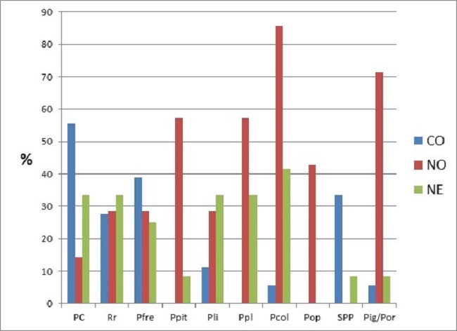 Comparaci&oacute;n del estado de salud bucodental entre las regiones CO, NO y NE, seg&uacute;n los porcentajes de individuos afectados. Referencias: CO: Subregi&oacute;n Centro-Oeste; NO: Subregi&oacute;n Noroeste; NE: Subregi&oacute;n Noreste; PC: piezas cariadas; Rr: restos radiculares; Pfre: piezas con desprendimiento y/o fractura de esmalte; Ppit: piezas con perforaciones del esmalte; Pli: Piezas con l&iacute;neas adamantinas o estr&iacute;as; Ppl: piezas con planos; Pcol: piezas con cambios en la coloraci&oacute;n del esmalte; Pop: piezas con opacidades adamantinas; SPP: secuelas de procesos periapicales; Pig/por alteraciones en el color y porosidad de la tabla &oacute;sea alveolar. La regi&oacute;n S no fue incluida por contar solo con un individuo.